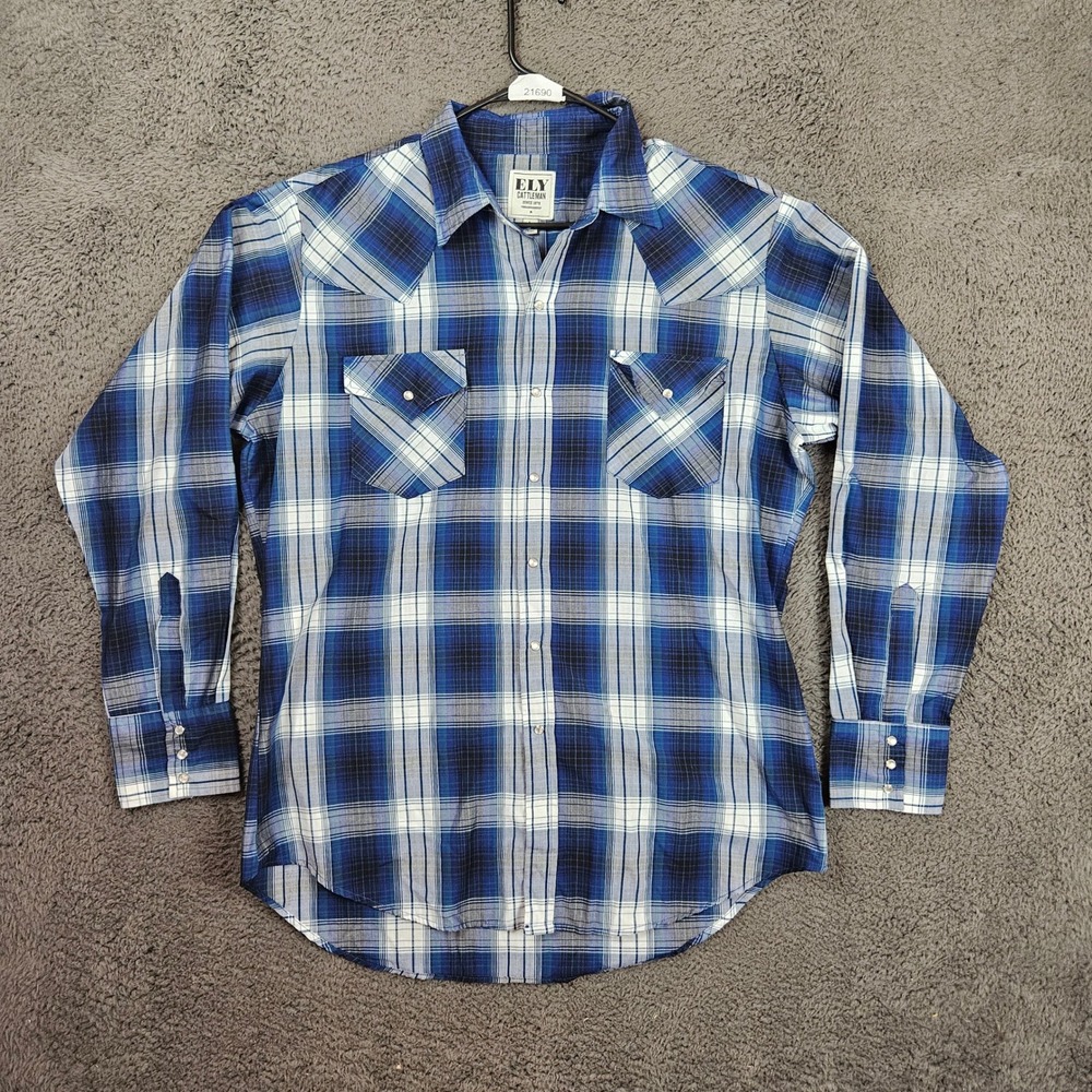 Ely Cattleman Mens Large Blue Plaid Western Pearl Snap Long Sleeve Shirt